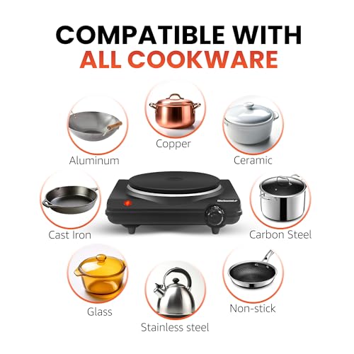 Elite Gourmet ESB-301BF# Countertop Single Cast Iron Burner, 1000 Watts Electric Hot Plate, Temperature Controls, Power In...