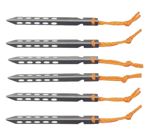 Ultralight Titanium Tent Stakes with Orange Cord, 6.3 Inch, 0.46 oz, Set of 6, Gray Best for Camping, Backpacking, Hiking,...