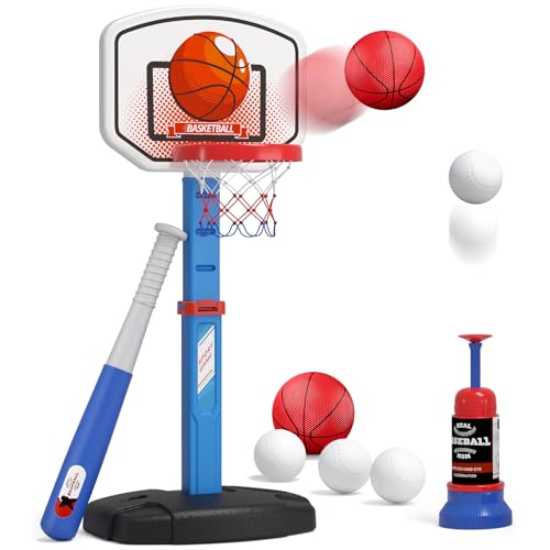 HYES 2 in 1 Kids Basketball Hoop and T Ball Set - Adjustable Height, Kids Baseball Tee with Automatic Pitching Machine, In...