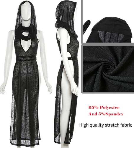 Aucute Women Goth Sheer Dress, Mock Neck Sleeveless Rave High Slit Dress with Hooded, EDM Music Festival Outfits