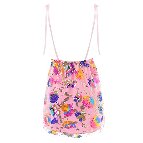 Women's Sequin Dress Sexy Sparkly Floral Summer Backless Deep V Low-Cut Shiny Strap Mini Dress for Party Cocktail Clubwear