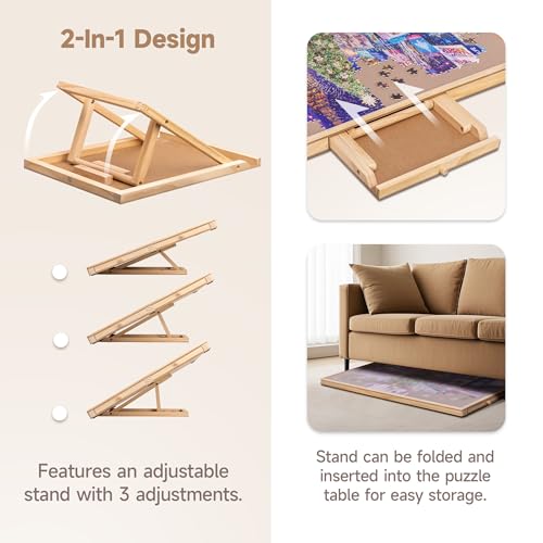 Tektalk Jigsaw Puzzle Table with Integrated Adjustable Stand/Bracket and Removable Cover, 3-Tilting-Angle Wooden Plateau P...