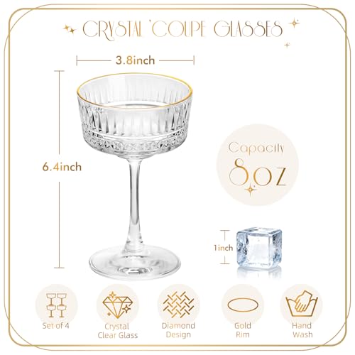 VIMERPA Coupe Glasses, Gold Rim Martini Coupe Glasses Set of 4, 8 oz Classic Cocktail Glassware - Champagne, Manhattan, Co...