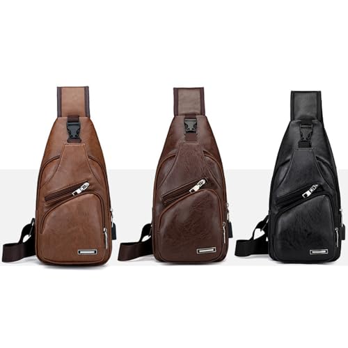 PU Sling Bag Mens Crossbody Bags Chest Bag Daypack Backpack for Men with USB Charge Port Earphone Hole Travel Outdoor Camping