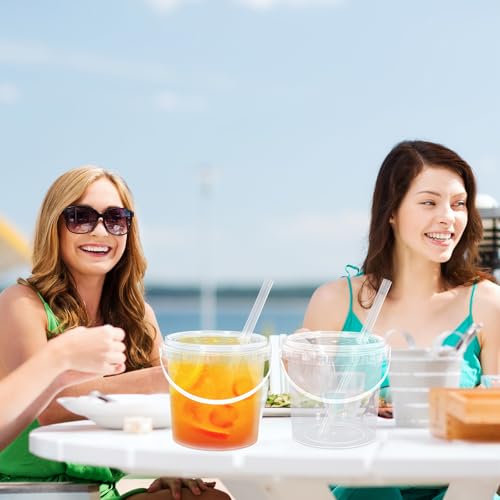 FYSUIMU 50Pcs Clear Plastic Cups with Lids & Straws 32 Oz Drink Bucket with Handle Disposable Cocktail Pails for Beach Poo...