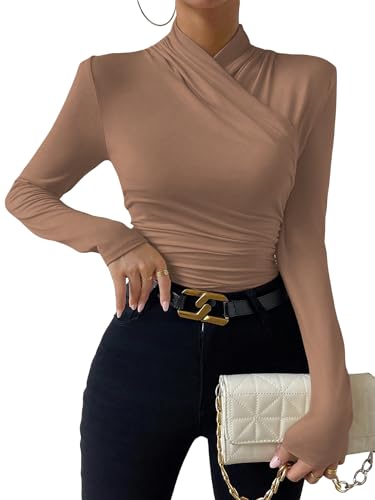 SweatyRocks Women's Ruched Mock Neck Long Sleeve T Shirt Solid Slim Fitted Tee Tops