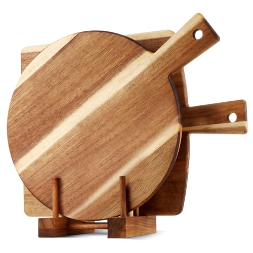 2 Pack Acacia Wood Cutting Board with Stand, Charcuterie Boards for Kitchen, Round & Rectangular Wooden Cutting Board Set ...
