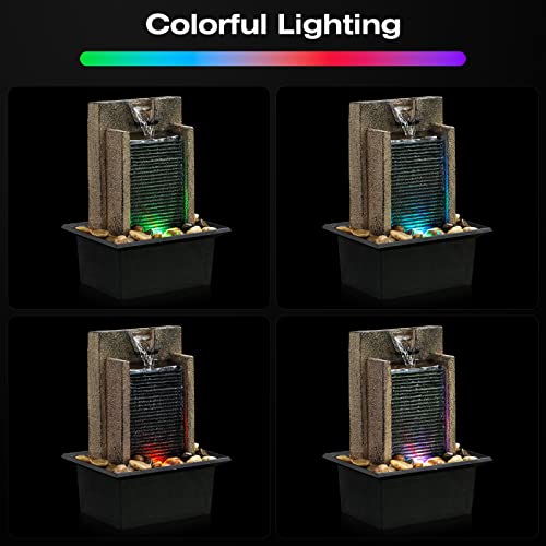 Amootek Tabletop Fountain Relaxing Tabletop Waterfall Fountain with Natural River Rocks & Color-Changing LED Lights - Indo...