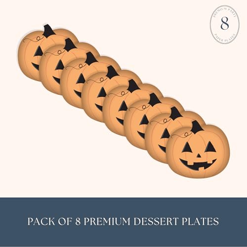 Bonjour Fête Orange Jack-O-Lantern Small Paper Party Plates | Disposable Dessert Plates | Premium Party Supplies | Hallowe...