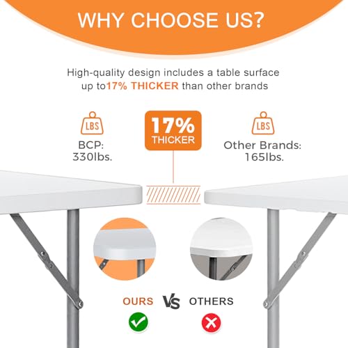 Lakhow Folding Table 4-Foot Heavy Duty Plastic Utility Table Portable Thick Table Top Indoor Outdoor Adjustable Height wit...