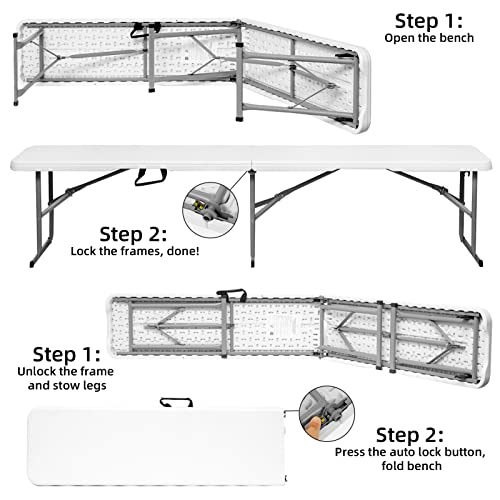 Byliable Folding Bench 6 Foot, Plastic Folding Bench Seat Portable Foldable Picnic Party Camping Dining Seat, White Garden...