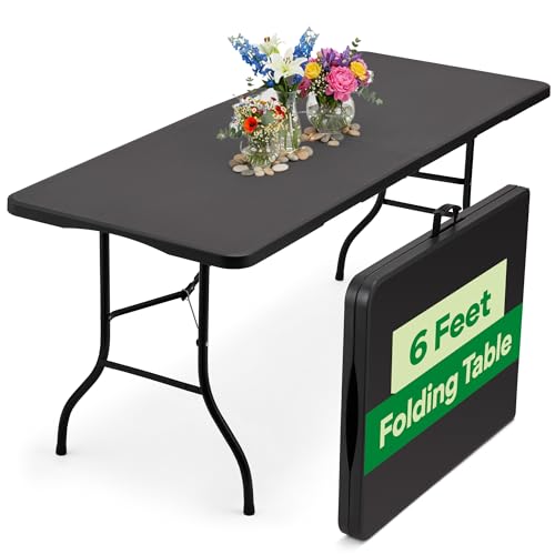 EconoHome Black 6ft Folding Table with Handle | Heavy-Duty Foldable Table | Portable Table for Indoor & Outdoor Use | Perf...