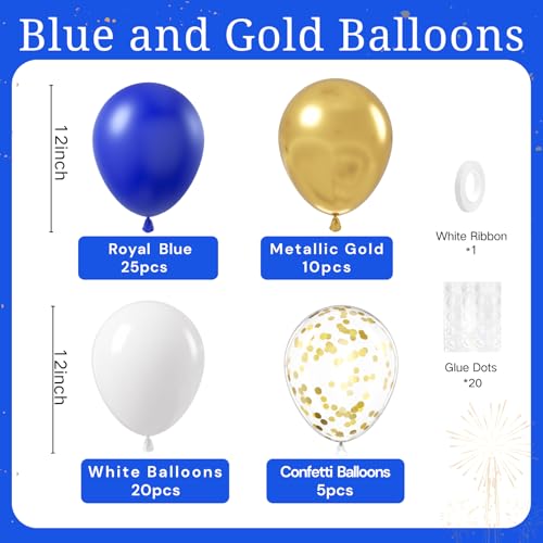 BAUANOOY Royal Blue Gold White balloons, 60pcs 12 Inch Navy Blue Metallic Gold Confetti Balloon for Wedding Graduation Bab...
