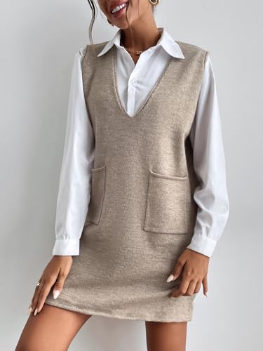 OYOANGLE Women's V Neck Sleeveless Knitted Solid Short Sweater Dress with Pockets