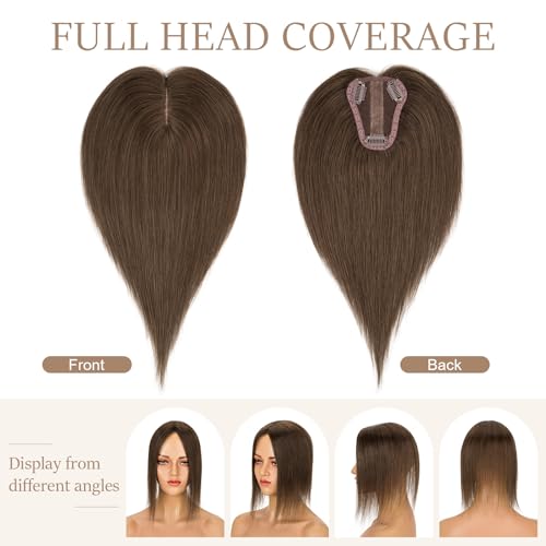 Rich Choices Hair Toppers for Women Real Human Hair 150% Density Clip in Silk Base No Bangs 100% Human Remy Toppper Realistic Scalp Pieces for Women with Thinning Crown 8 Inch #2R Chocolate Brown