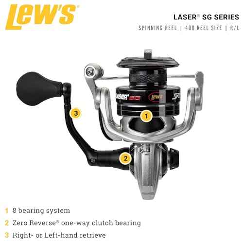 Lew's Laser SG Speed Spin Freshwater Spinning Fishing Reel, Size 400 Reel, Right or Left-Hand Retrieve, 5.2:1, Zero Reverse 1-Way Clutch Bearing, Silver (Clam Package)