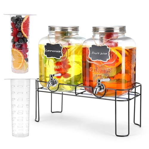 1.6 Gallon Glass Drink dispenser, 2 PCS Beverage Dispenser With Stand, Lemonade Dispenser with Stainless Steel Spigot,Drin...