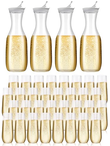 Patelai 36 Pack Mimosa Bar Supplies Kit 4 Pcs Champagne Flutes 50 oz Carafe with Lid and 32 Pcs 9 oz Plastic Stemless Cham...