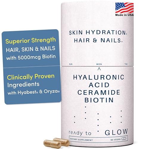 GLOW Anti Aging Supplement - Hyabest® Hyaluronic Acid, Phytoceramides, 5000 mcg Biotin, Vitamin A, C, E, Zinc - Hair Skin ...