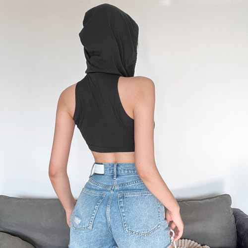 Women's Sleeveless Hooded Crop Top Y2k Streetwear Rave Outfit