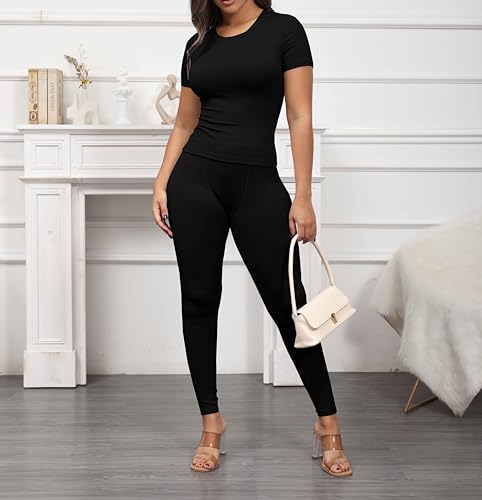 PINSV 2 Piece Sets for Women Summer Casual Jogger Workout Outfits Fitted Crew Neck T-shirt High Waist Legging Sets