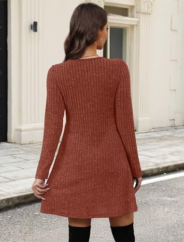 OFEEFAN Long Sleeve Sweater Dress Fall Dresses 2025 V Neck Empire Waist Baby Doll Dresses Women Casual Dress with Pockets