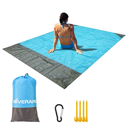 GIVERARE Sandfree Beach Blanket, Waterproof Picnic Blanket, Quick Drying Indoor&Outdoor Family Mat with 4 Stakes&4 Corner ...