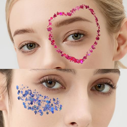 Teenitor 9 Color Face Glitter and 3 Gold Face Freckles Set - No Glue Needed Body Glitter Gel, Hair Glitter Festival Makeup...