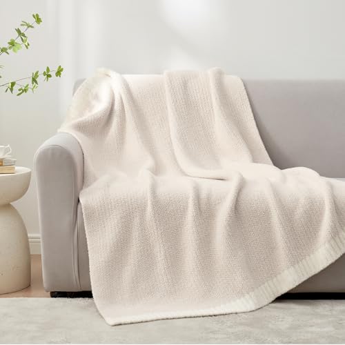 Snuggle Sac Buttery Ivory Throw Blanket for Couch, Reversible Super Soft Knitted Blankets, Warm Cozy Knit Fuzzy Plush Ligh...