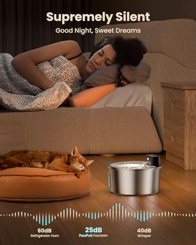 PawPoll Wireless Cat Water Fountain Stainless Steel - 3.2L/108oz Cordless Pet Water Fountain Battery Operated Cat Water Di...