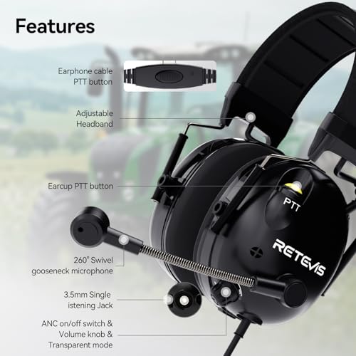 Retevis ANC Noise Cancelling 2 Way Radio Headset, Overhead, for RT22 RT21 H-777 RT68 RA79, Compatible with Baofeng UV-5R 5RM BF-F8HP, Waklie Talkie Headset with Mic for Racing Agriculture(1 Pack)