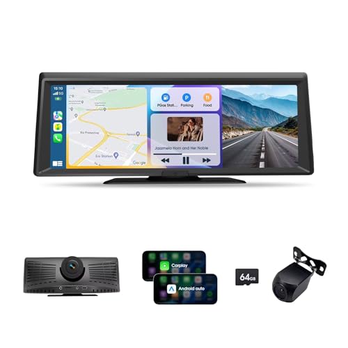 Wireless Portable CarPlay Screen，8.1" Portable Touchscreen Car Stereo with 2K Dash Cam/Carplay & Android Auto，1080P Backup...