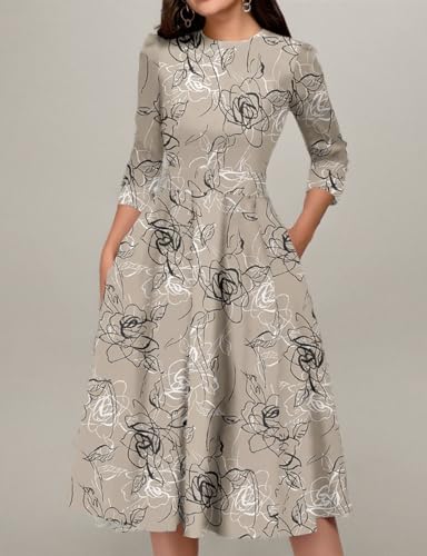 Simple Flavor Women's Floral Vintage Dress Elegant Midi Evening Dress 3/4 Sleeves