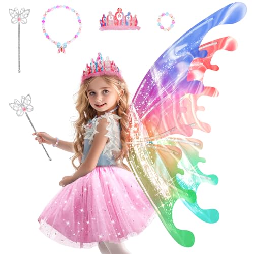 Princess Dress up Costume with Electric Fairy Wings for Girls 3-8, Light Up Moving Butterfly Wings with LED Lights&Music, ...