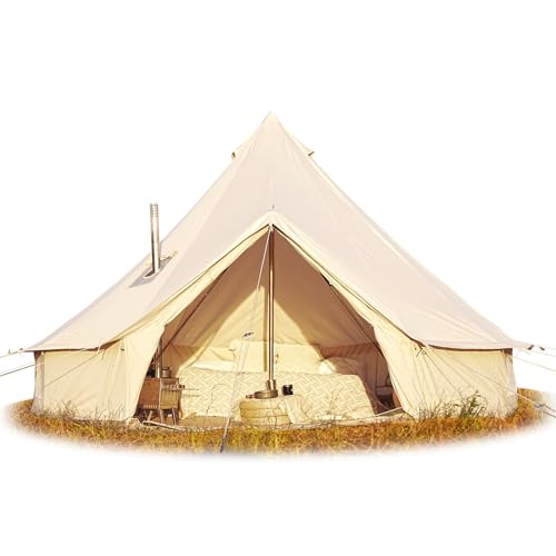Cotton Canvas Bell Tent, Waterproof Large Tents with Sturdy Center & Door Pole and Space for 4/6/8 Person All 4 Season Cam...