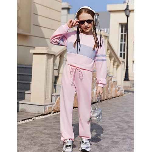 Arshiner Girls' Clothing Sets Sweatsuits Long Sleeve Color Block Pullover Sweatshirts and Lounge Pants with Pocket
