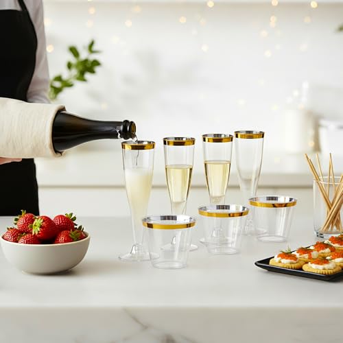 Newtay 160 Count Plastic Champagne Flutes and Cups Set, 60 Pcs 4.5 oz Gold Rim Disposable Champagne Flutes 100 Pcs 9 oz Go...