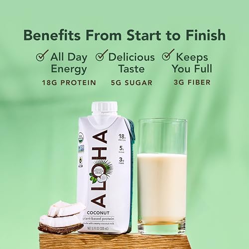 ALOHA Organic Plant-Based Protein Drink – Coconut Flavor | 18g Protein, 5g Sugar, 3g Fiber | Made with Creamy Coconut Mil...