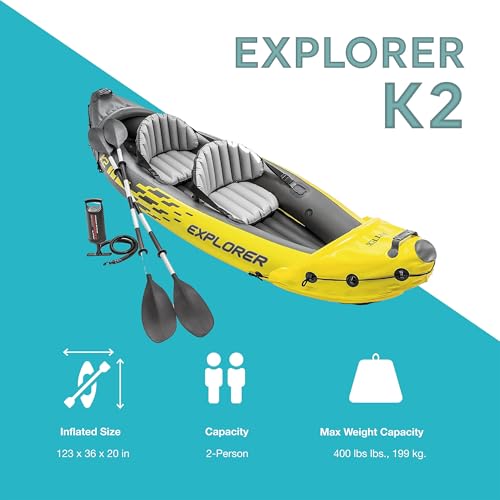 Intex 68307EP Explorer K2 Inflatable Kayak Set: Includes Deluxe 86in Aluminum Oars and High-Output Pump – SuperStrong PVC...