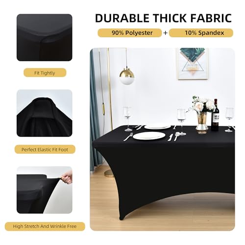 ZarzaaSik 2-Pack 6ft Black Spandex Table Covers for Rectangle Standard Folding Tables - Wrinkle Resistant Stretch Tableclo...