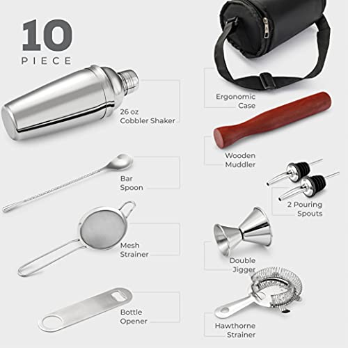 FineDine 10-Piece Cocktail Shaker Set with Travel Bag - Stainless Steel Shaker Set Bartender Kit - Mixology Bartender Kit...