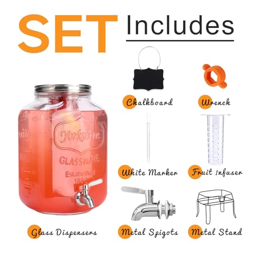 2 Gallon Glass Drink Dispenser For Parties,Beverage Dispenser with Stand,Lemonade Dispenser with 304 Stainless Steel Spigo...
