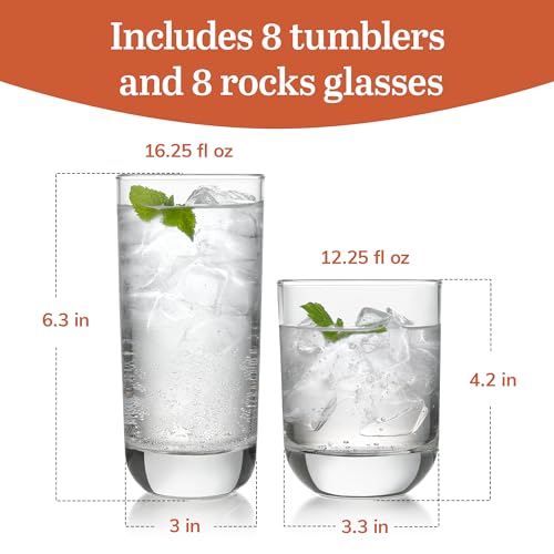 Libbey 31631 Polaris 16-Piece Tumblers and Rocks Glass Set, Drinkware Glasses Set of 15.2 Oz Tumbler & 11.1 Oz Rock Glasse...