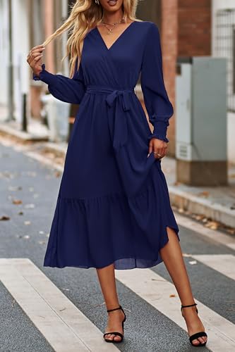 PRETTYGARDEN Women's Floral Boho Dress Fall Long Sleeve Wrap V Neck Ruffle Flowy Maxi Spring Wedding Guest Vacation Dresses