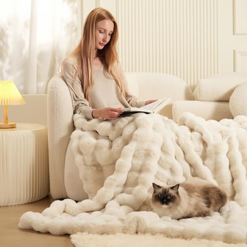 macinso Super Comfort Oversized Warm Thick Bubble Luxury Plush Rabbit Faux Fur Throw Blanket, Fluffy Blanket,Soft Cozy Bla...