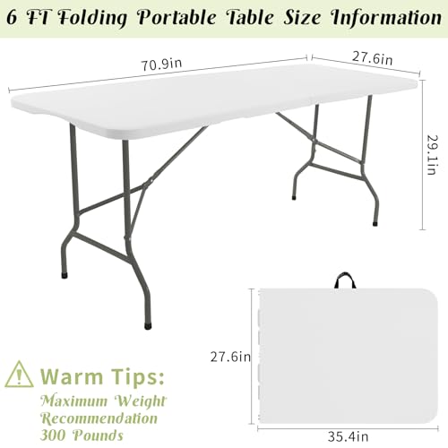 Fivenl 2 Pack 6 FT Folding Tables White Foldable Table, Fold-in-Half with Carrying Handle Portable Plastic Rectangular Tab...