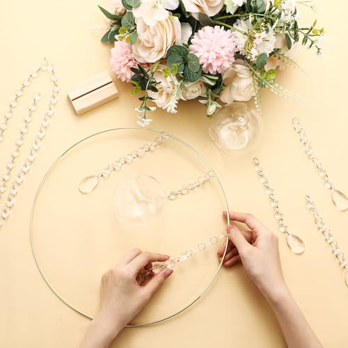 Leinuosen 12 Pack 12'' Metal Floral Hoop Centerpieces Set with Wooden Stand, Hanging Candle Holder, Acrylic Crystal Pendan...