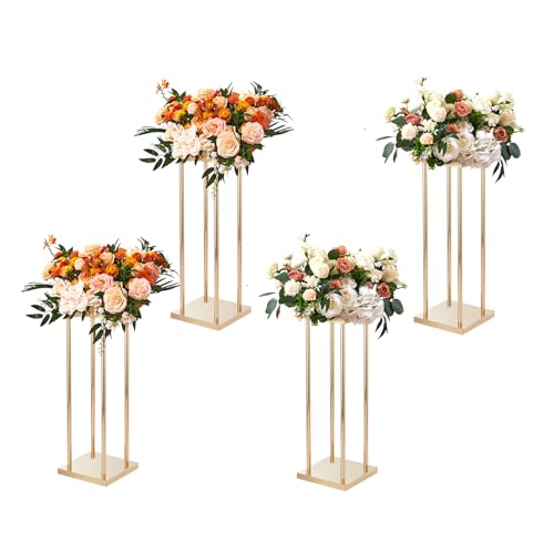 VEVOR 4PCS Gold Metal Column Wedding Flower Stand, 23.6inch /60cm High with Metal Laminate, Vase Geometric Centerpiece Sta...