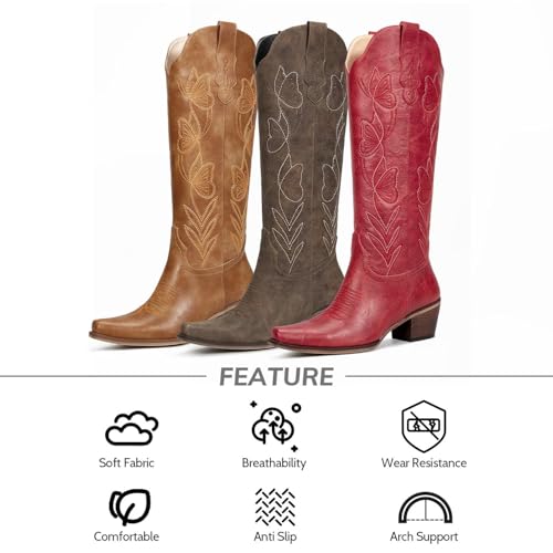 wetkiss Cowboy Boots for Women Knee High Cowgirl Boots - Butterfly Embroidered Zipper Chunky Heel Boot, Casual, Festivals,...