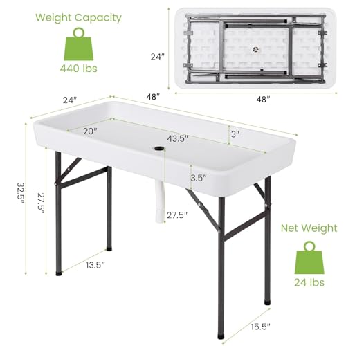 Giantex Folding Ice Table with Drain, 4 ft Portable Cooler with Removable Skirt, No Assembly, Fill and Chill Table for Foo...